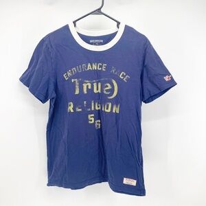 True Religion T Shirt Blue White Trim with Faded Distresed Prints Y2K casual